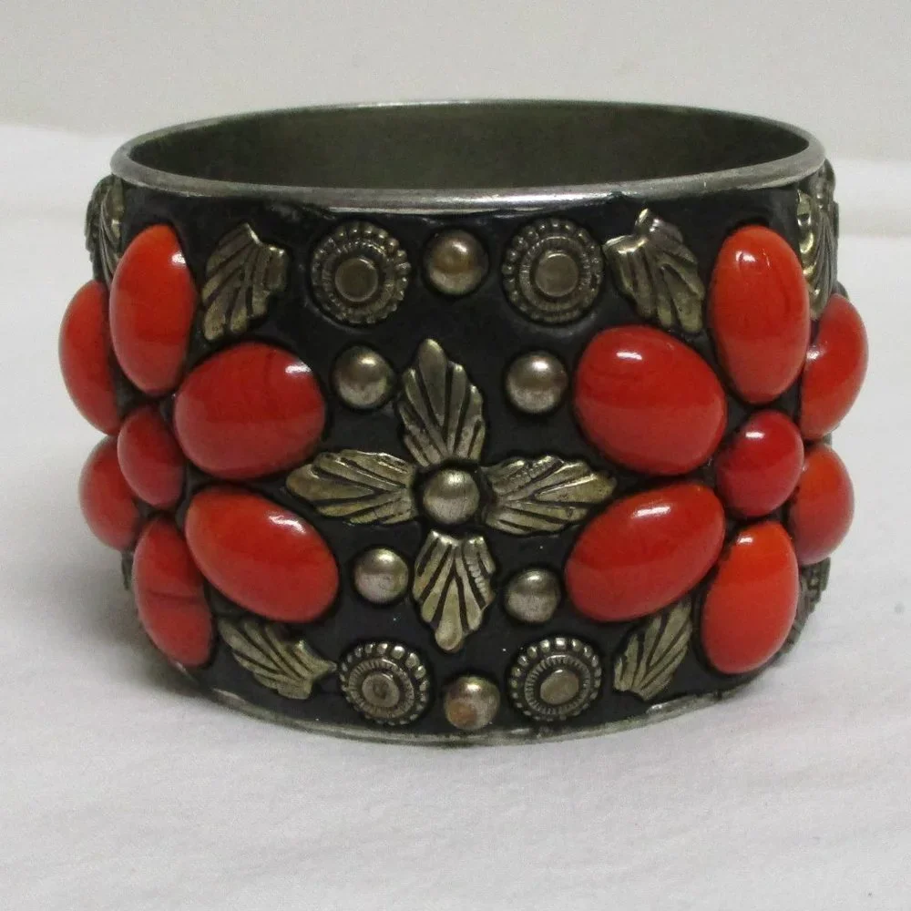 ***SOLD***  Wide Metal Cuff Bracelet Red Slag Glass Cabochon Inlay 2" - Picture 2 of 5